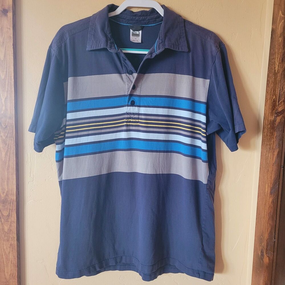 The North Face Men's Sz L Polo Blue Stripe Colorblock Short Sleeve Hiking Shirt